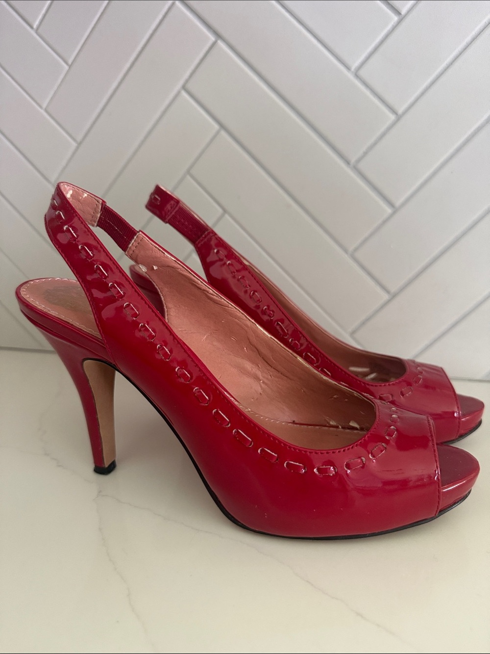 Vince Camuto Red Patent Peep-Toe Slingback Heels